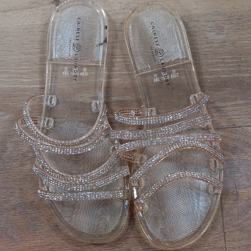Chinese Laundry Rose Gold Rhinestone Clear Slide Sandals